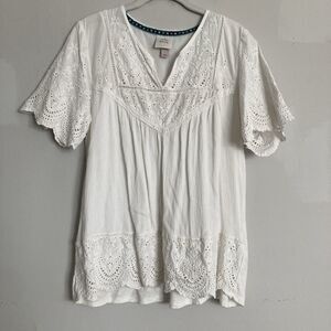 Knox Rose Eyelet Lace Top LARGE Mixed Media Fabric Slub Cotton Rayon White